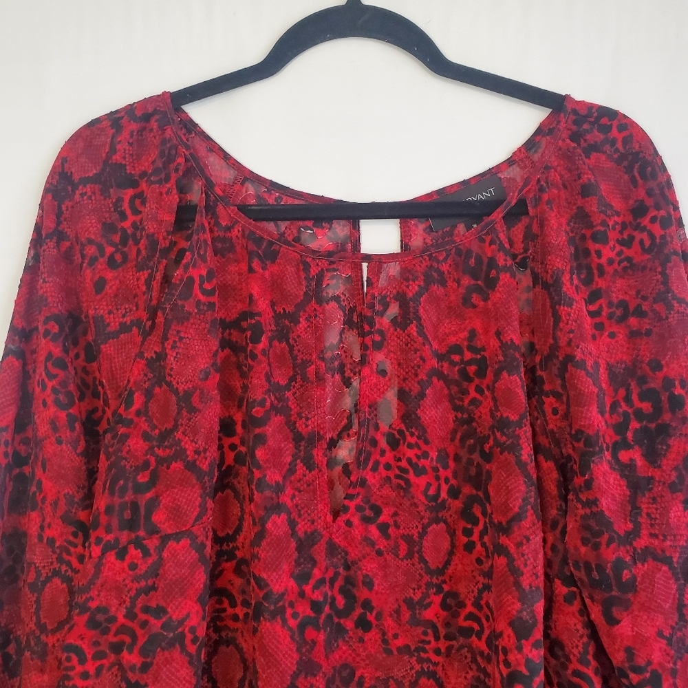 Lane Bryant Size 18 Red&Blk animal print shear cut-out L/Sl tunic blouse - Picture 2 of 10